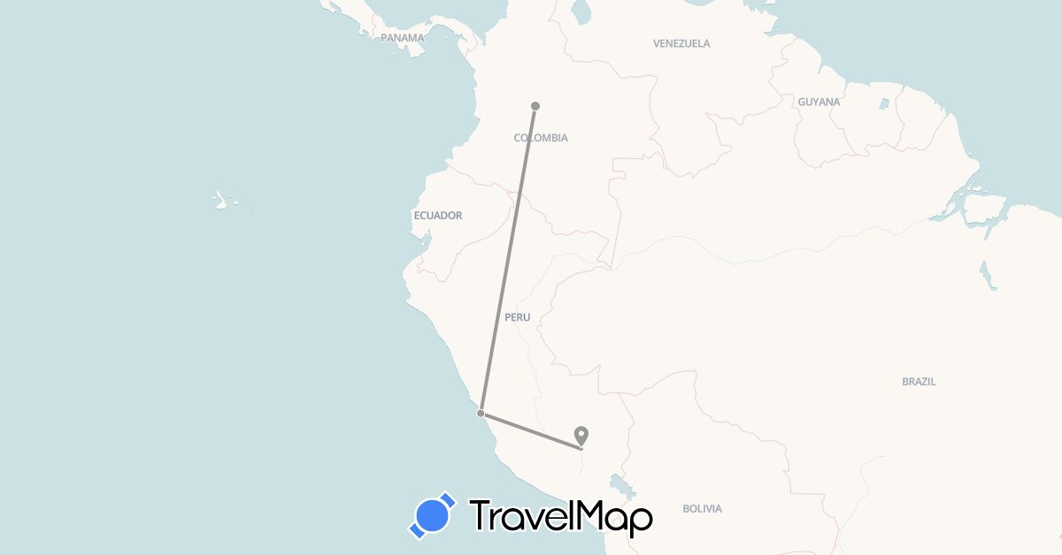 TravelMap itinerary: driving, plane in Colombia, Peru (South America)